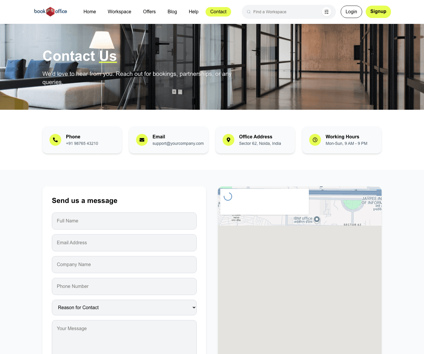 Book Me Office contact page showing inquiry and support interface