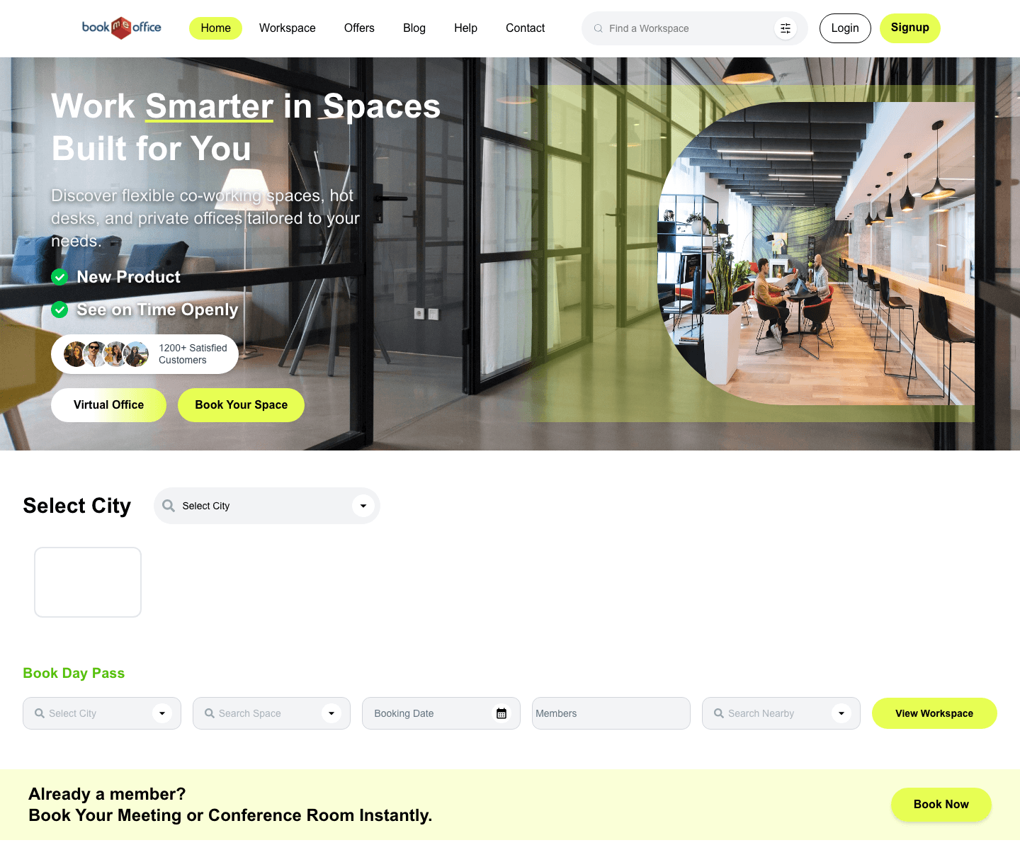 Book Me Office public website showing flexible workspace search and booking interface