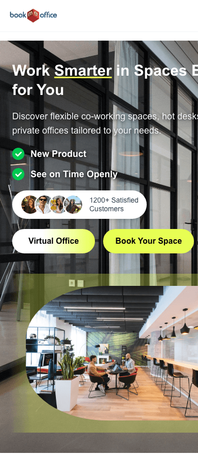 Book Me Office mobile homepage showing responsive workspace booking experience