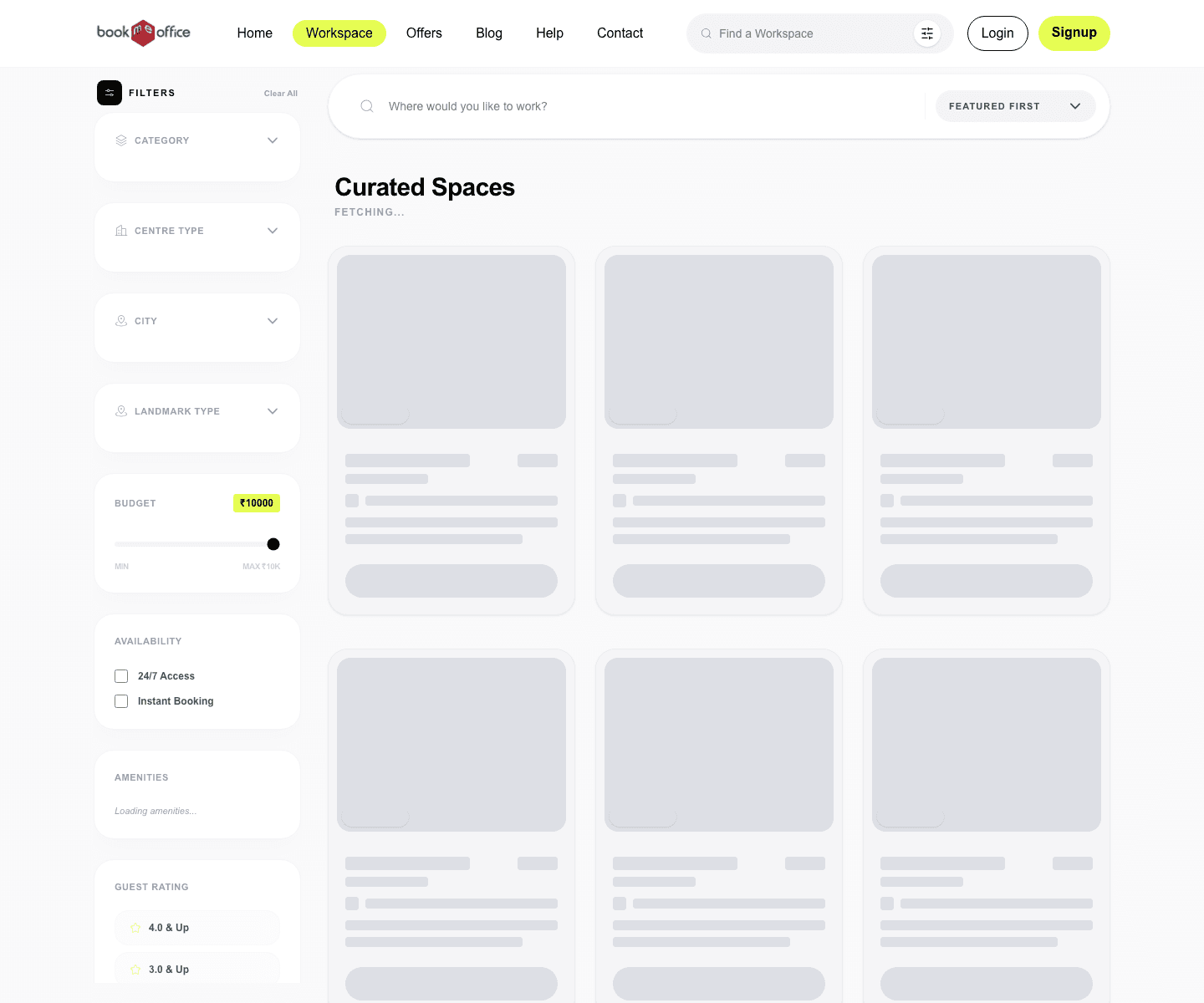 Book Me Office workspace page showing available workspace listings