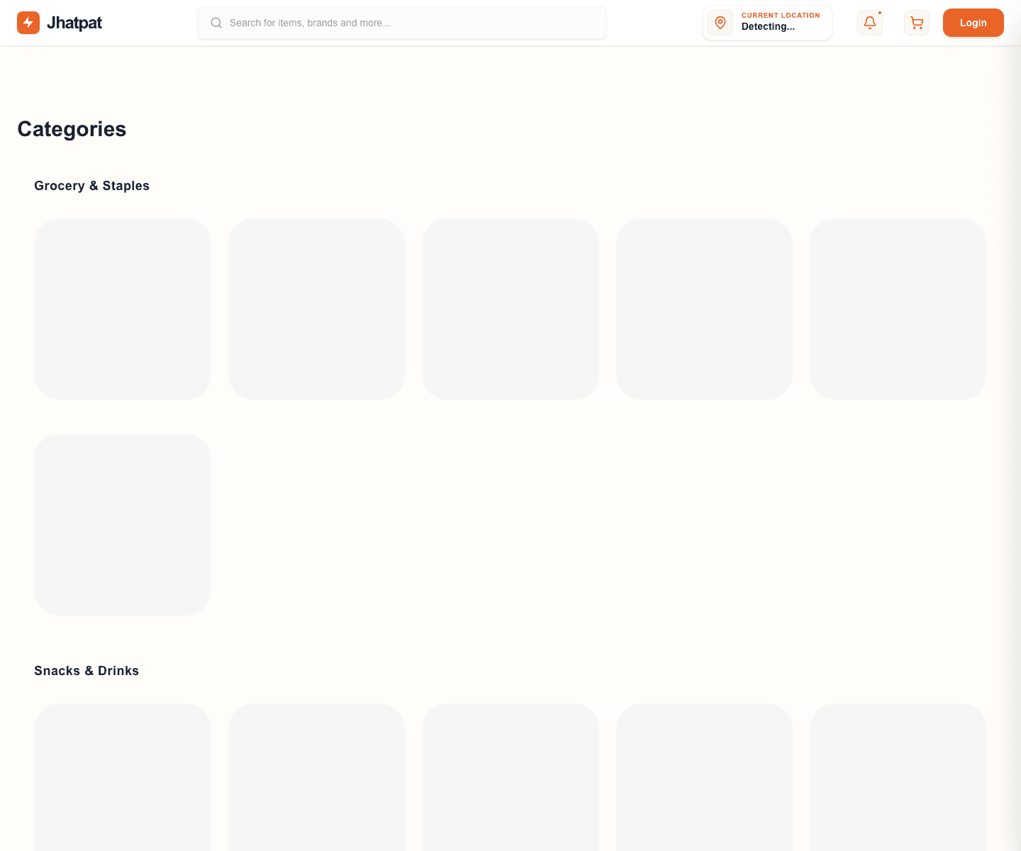 Jhatpat Delivery categories page showing grocery and essentials categories