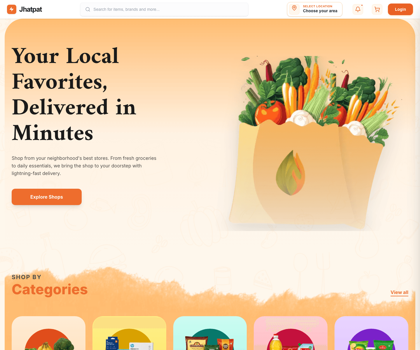 Jhatpat Delivery public website showing local favorites, grocery categories, and product cards