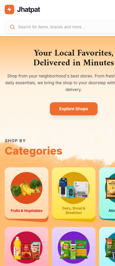 Jhatpat Delivery mobile homepage showing responsive grocery shopping experience