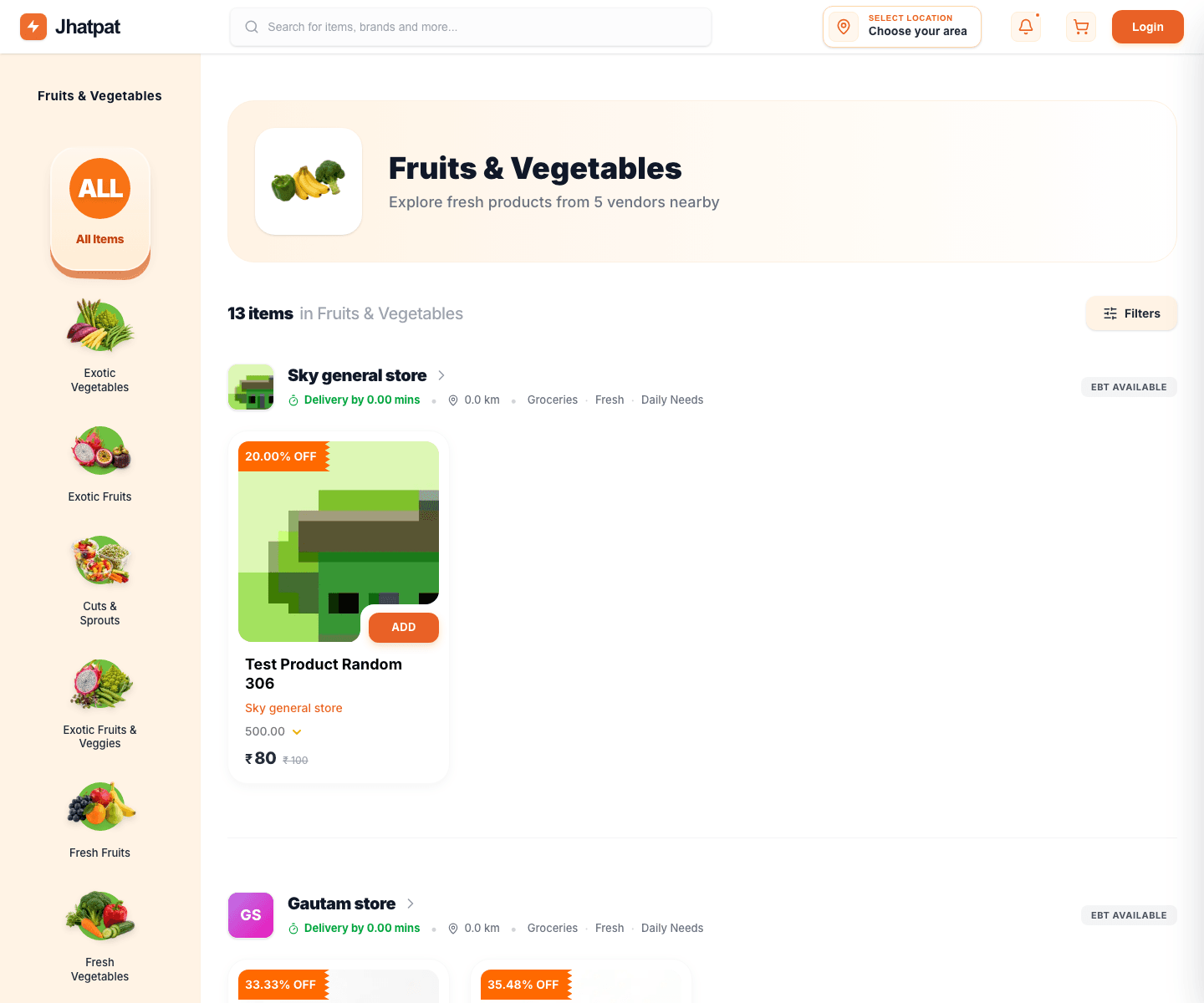 Jhatpat Delivery products page showing fruits and vegetables product listing